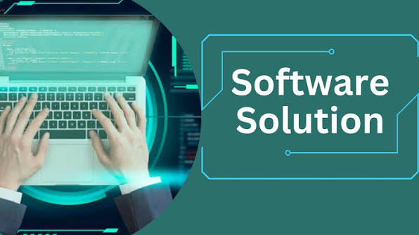 Hands typing on a laptop beside the bold text Software Solution on a teal background